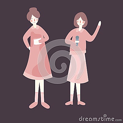 Two female woman performing at tage holding microphone. presentation reporter talking Vector Illustration