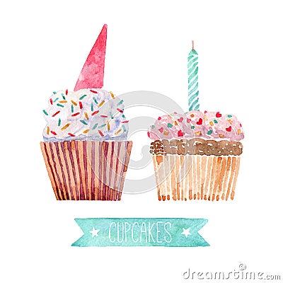 Birthday watercolor cupcakes Stock Photo