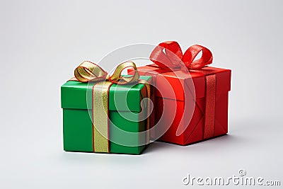 Two festive gift surprise Christmas birthday pack box with ribbon and bow on light background Stock Photo
