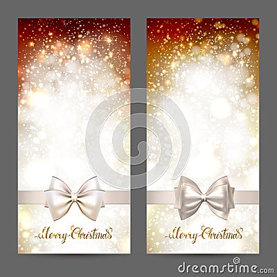 Two festive greeting cards with ribbon bow and shine gold inscription Merry Christmas. Glittering holiday Xmas greeting Vector Illustration