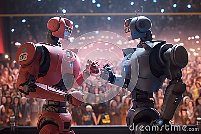 Two fighting robots square off against each other in a ring, Stock Photo