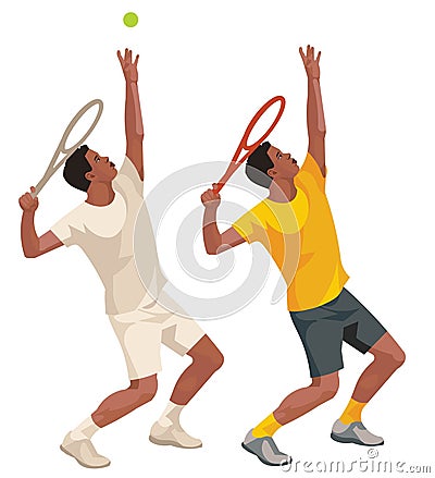 Two figures of a standing African tennis player on the court in yellow and white uniform serving the ball at a set Vector Illustration