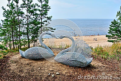 Two figures of swan woven from rods mounted on a hill by a nature trail Editorial Stock Photo