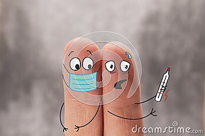 Two fingers as two men, cartoon characters. One of them is wearing a mask, the other is sick, holding a thermometer. Illustration Stock Photo