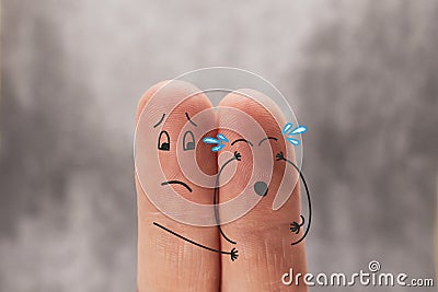 Two fingers are like two people. One of them cries, the other calms. Cartoon men. The concept of mutual help, psychological Stock Photo