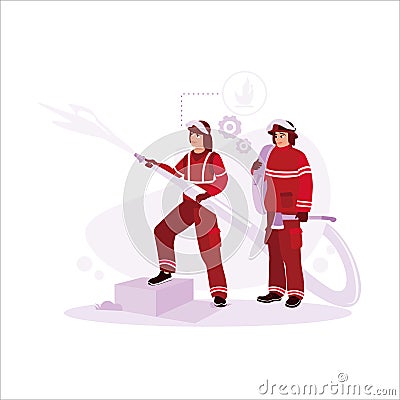 Two firefighters in full uniform conduct firefighter training. And one of the officers uses a fire extinguisher to put out fires. Vector Illustration