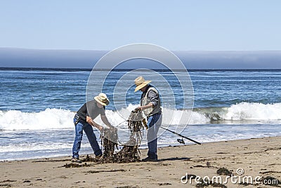 Two Fishermen at a daytime beach untangle lines from seaweed Stock Photo
