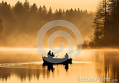 Two fishermen fishing in a misty and sunny lake. Stock Photo