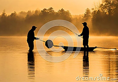 Two fishermen fishing in a misty and sunny lake. Stock Photo