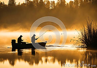 Two fishermen fishing in a misty and sunny lake. Stock Photo