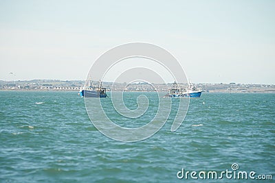 Two fishing boat, trawlers fishing Razor fish in an open Irish sea. Food industry, traditional craft, environmental damage concept Editorial Stock Photo