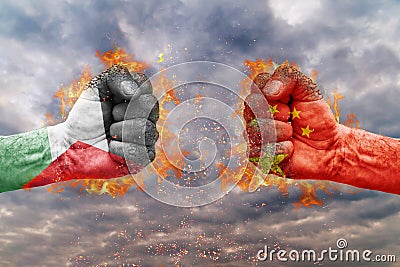Two fist with the flag of Palestine and China faced at each other Stock Photo