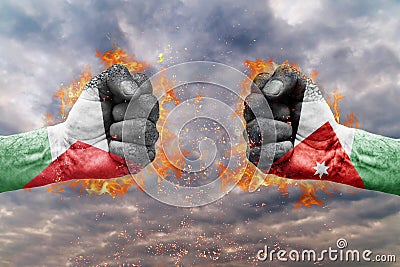 Two fist with the flag of Palestine and Jordan faced at each other Stock Photo