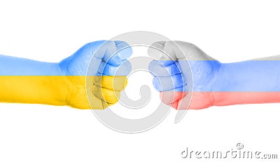 two fists in national colors of Ukraine and Russia Stock Photo