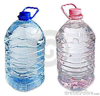 Two five liter bottles of water pink and blue Stock Photo