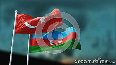 Two flags of Armenia and Azerbaijan fluttering in the wind against the evening sky. 3D Render Stock Photo