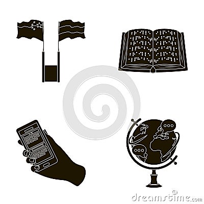 Two flags, a book for the blind, a hand with a phone with translated text, a globe of the Earth. Interpreter and Vector Illustration