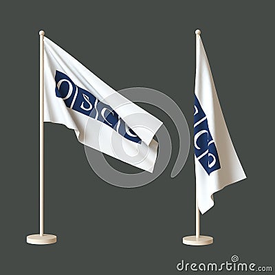 Two flags of OSCE on a neutral background - one fluttering on a flagpole, the other twisted tabletop. 3D rendering. Layout. Editorial Stock Photo