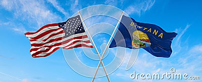 two flags of USA and state of Montana waving in the wind on flagpoles against sky with clouds on sunny day Cartoon Illustration