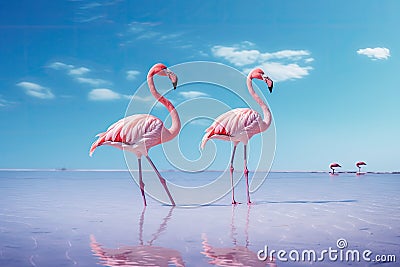 Two flamingos standing in the water at Salar de Uyuni, Bolivia, Group birds of pink african flamingos walking around the blue Stock Photo