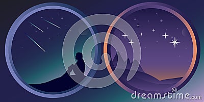 Two flat night landscapes with stars and the moon Vector Illustration