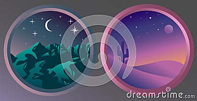 Two flat night landscapes with stars and the moon Vector Illustration