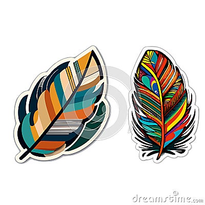 Two flat stickers in the form of multi-colored feathers. For your design Stock Photo