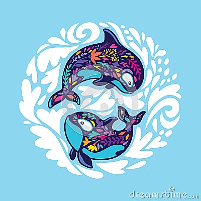 Floral orca whales in the circle. Vector illustration Vector Illustration