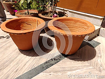 Two flower pots, mud pots, clay pots, object, best picture Stock Photo