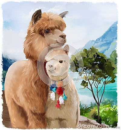 Two fluffy alpacas on the background of the lake Stock Photo