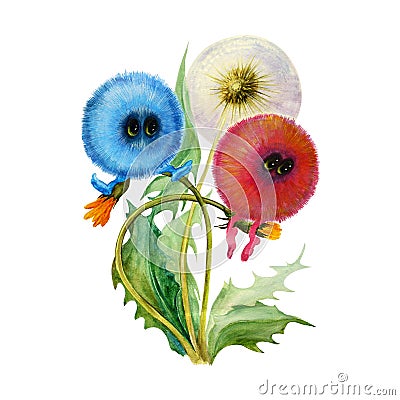 Two fluffy balls, funny monsters, are sitting on the stalks of a dandelion, watercolor painting Stock Photo