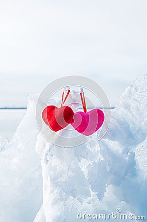 Two fluffy hearts and cool February ice Stock Photo