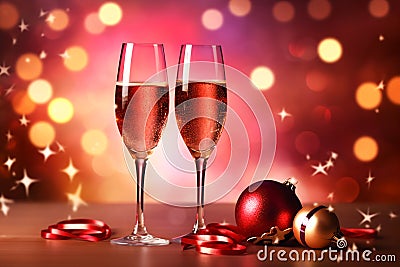 Two flute glasses with sparkling champagne on red pink golden background with golden bokeh lights confetti glitter. New Years eve Stock Photo