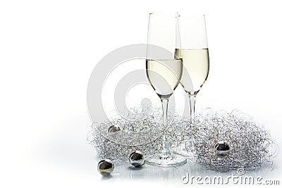 Two flutes champagne glasses for new year and silver decoration Stock Photo