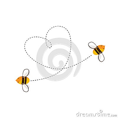 Two flying bee and their heart shape flight trajectory. Love or honey business concept. Vector cartoon illustration Vector Illustration