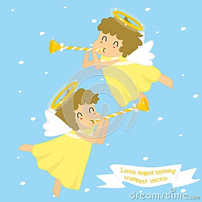Two flying little angels blowing trumpet Vector Illustration