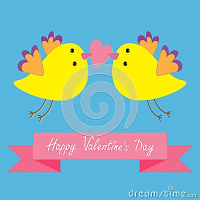 Two flying yellow bird family couple holding heart. Happy Valentines Day. Pink ribbon. Love Greeting card. Cute cartoon character Vector Illustration