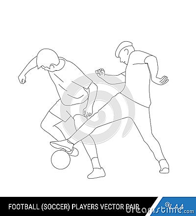 Two football opponents from different teams are fighting for the ball. Soccer players are fighting for the ball. Outline Vector Illustration