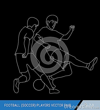 Two football opponents from different teams are fighting for the ball. Soccer players are fighting for the ball. Outline Vector Illustration