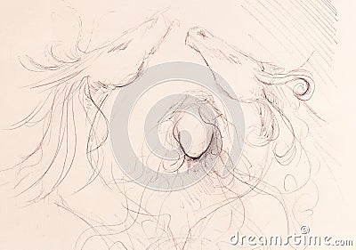 Two forses in movement and woman, abstract sketch on paper background. Stock Photo