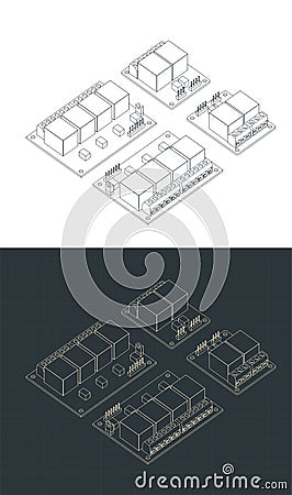 Two and four channel relays isometric blueprints Vector Illustration