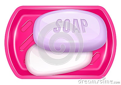 Two fragrant purple soap bar at plastic pink basin. Vector Illustration