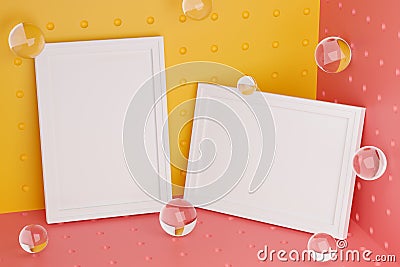 Two Frames Stylish Mock Up Poster Template on Corner Room. Glass Bubbles Fresh and Minimal 3D Rendering. Yellow and Pink Stock Photo