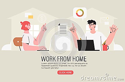 Two freelancer coworkers working at home office on a laptop and have conversation about project or settle business tasks . Video Vector Illustration