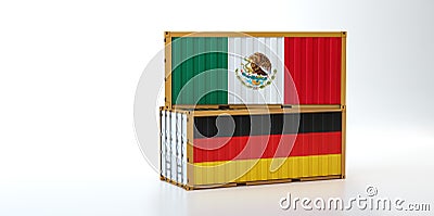 Two freight container with Mexico and Germany flag. Stock Photo