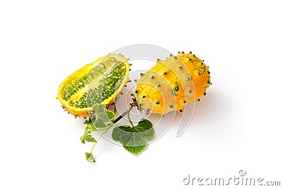 Two fresh ripe kiwano with vine and leaves, Cucumis metuliferus, isolated on white background Stock Photo