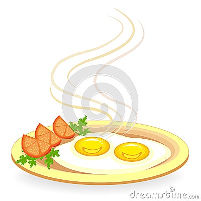 Two fried eggs on a plate. Next to the omelet are pieces of tomato and parsley. Fast and nutritious food. Vector illustration Cartoon Illustration