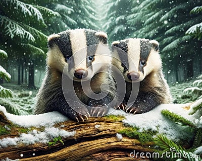 Two Friendly Badgers Small Animals Snowfall Forest Woodland Critters Winter Canada AI Generated Stock Photo