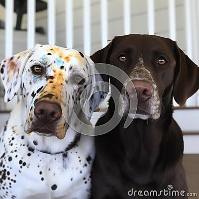 Two friendly-looking canine companions perched on a porch, AI-generated. Stock Photo
