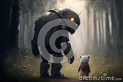 Two friends - a large kind robot and a small white teddy bear in the forest. Back view. Created with Generative AI Stock Photo